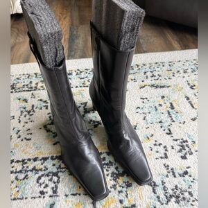 Paul Green Black Leather Mid Calf Boots Square Toe